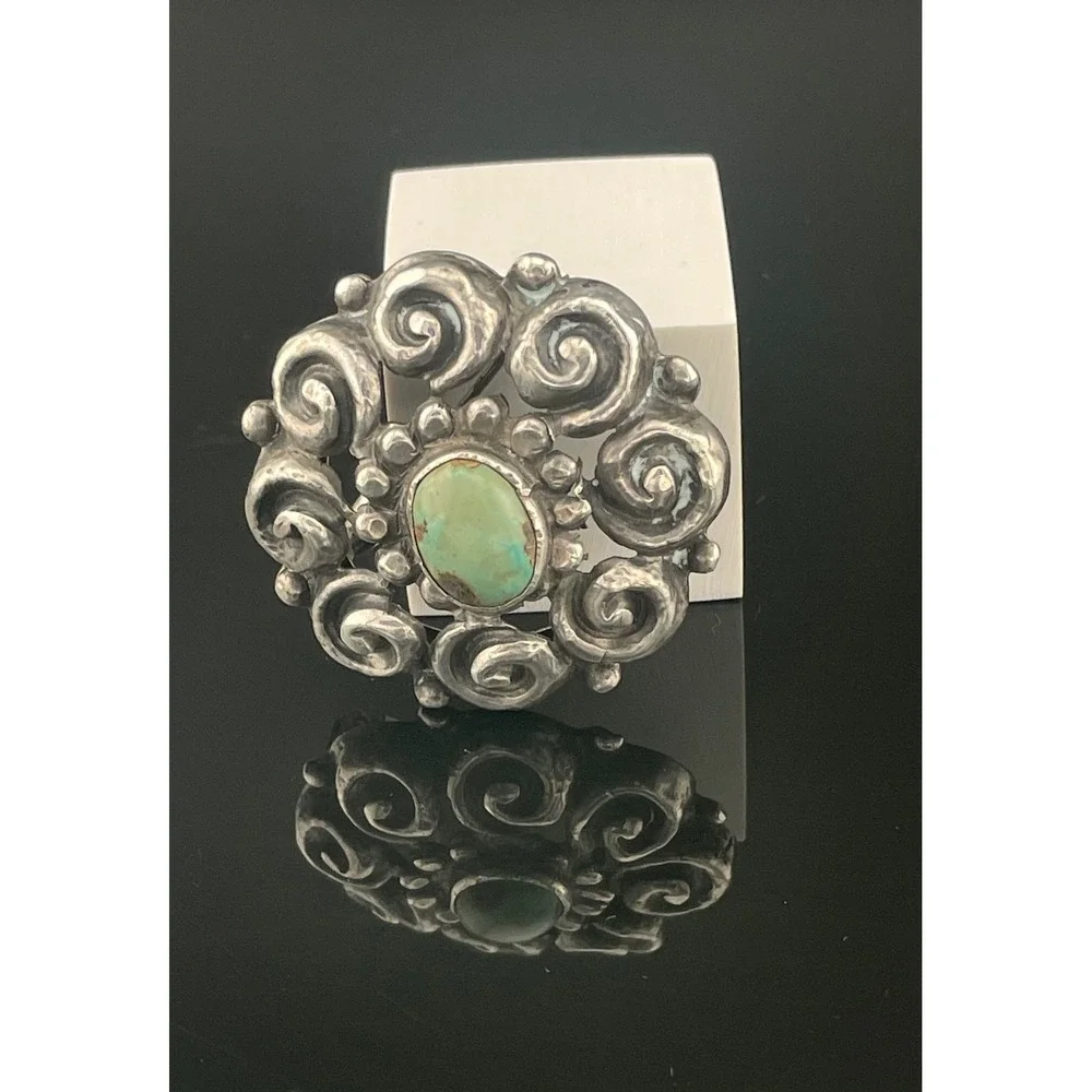 Antique Sterling‎ Silver Turquoise Spiral Brooch Early 1900s Southwest Style